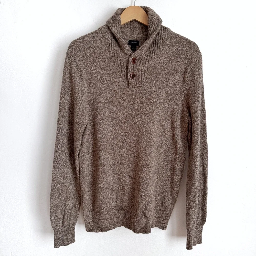 J.Crew Lambswool Shawl Collar‎ Sweater Brown Large 100% Wool Pullover